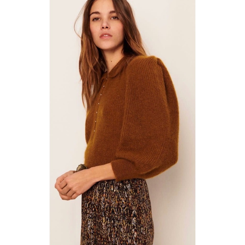 Ba&sh Tilte Jumper Brown Mohair Wool Puff Sleeve Peter Pan Collar Sweater XS Lux - Picture 10 of 12